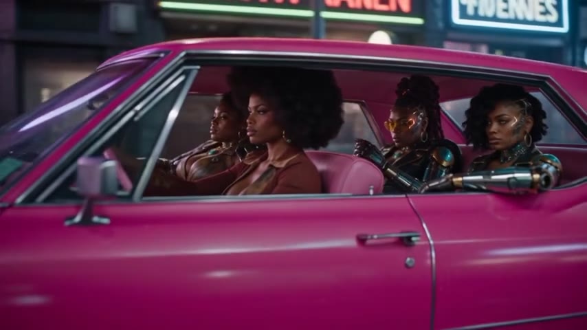 Still from the film: four women riding in a hot pink vintage Cadillac on a wet neon street at night